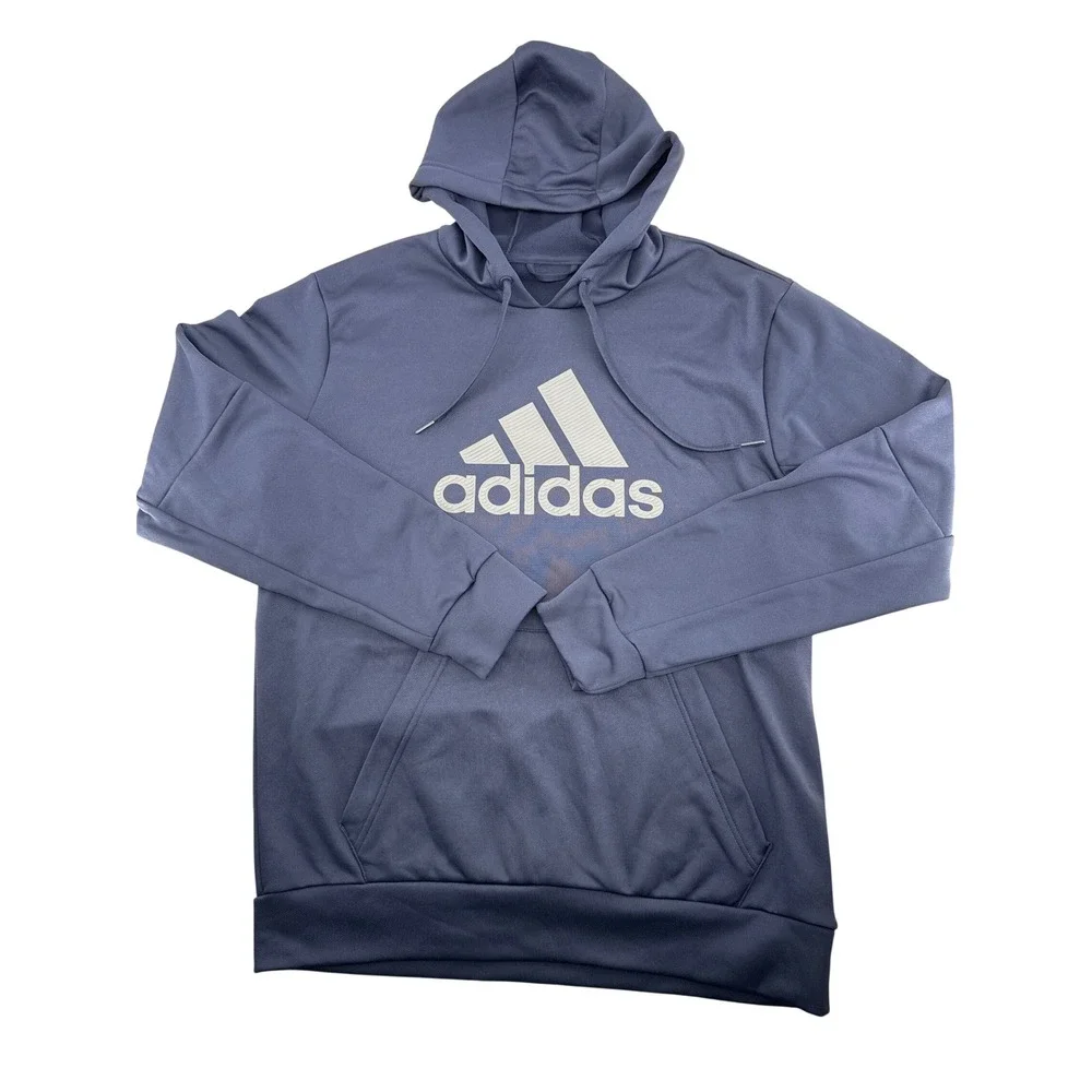 Adidas Mens Game & Go Pullover Hoodie Blue Grey Fleece Logo Sweatshirt GK7390 L